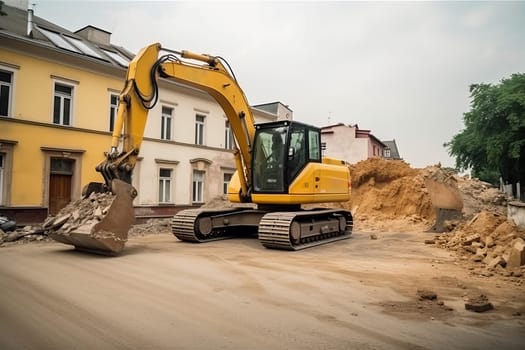 Yellow excavator removes. Industrial digger. Generate Ai