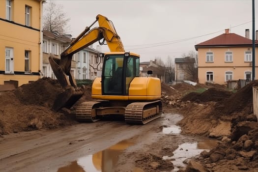 Yellow excavator removes soil. Digger machine. Generate Ai