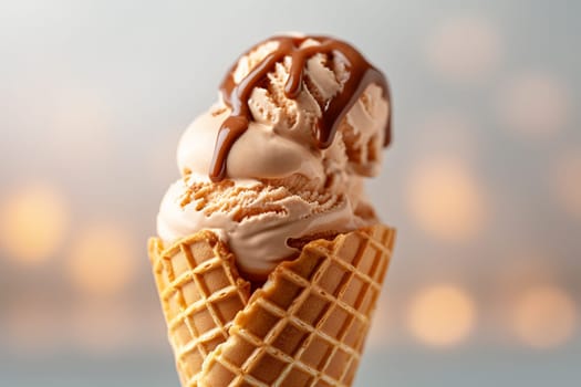 Vanilla ice cream cone drizzled with chocolate syrup.