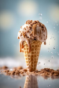 Melting ice cream cone with caramel and nuts.