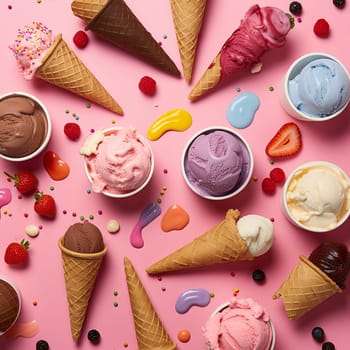 Various ice cream flavors in cones with toppings on pink background