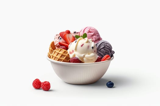 Assorted scoops of ice cream with berries in a bowl.