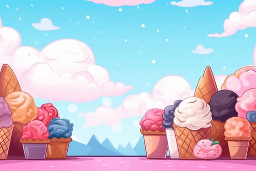 Colorful ice cream cones against a whimsical landscape with mountains and clouds.