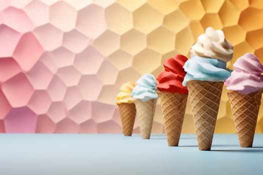 Assorted ice cream cones in a row against a colorful background.