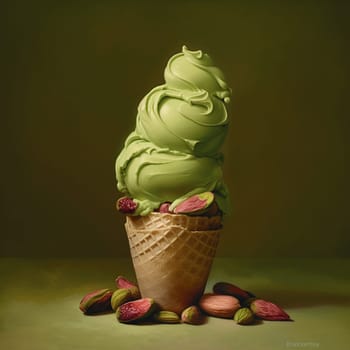 Green ice cream cone with pistachios and waffle texture.