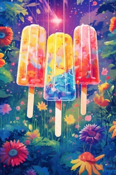 Three colorful popsicles against a vibrant floral background with a cosmic glow.