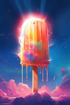Giant melting popsicle floating in a colorful, surreal sky
