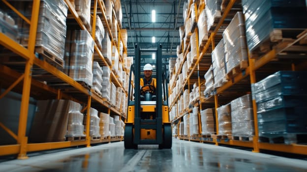 A man operates a forklift in a warehouse, transporting goods amidst shelves of building materials and wooden flooring. AIG41