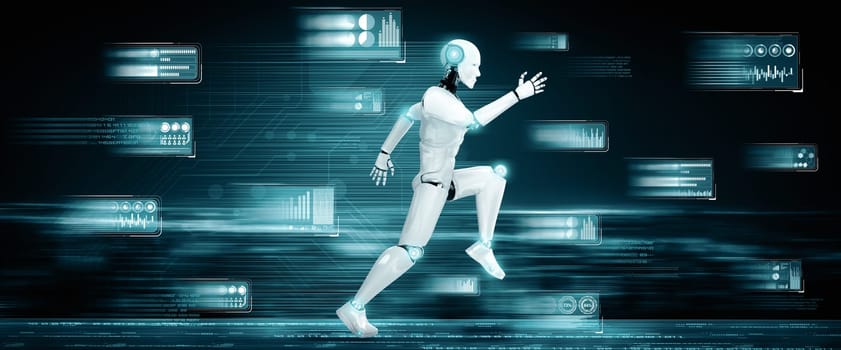 XAI 3d illustration Running robot humanoid showing fast movement and vital energy in concept of future innovation development toward AI brain and artificial intelligence thinking by machine learning. 3D illustration.