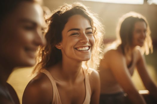 Happy young woman with friends enjoying sunset. Candid lifestyle moment. Friendship and happiness concept for marketing and advertisement. Soft focus with sun flare