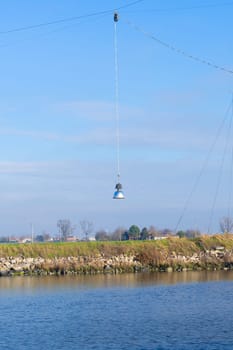 the lamp above the fishing nets immersed to catch fish in the Comacchio valley