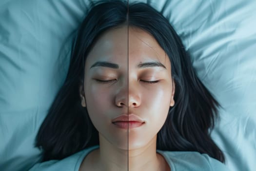 Photograph split in half showing a woman's face before and after rest. Close-up studio portrait with white background. Beauty and skincare concept for banner and advertising. Symmetrical face composition