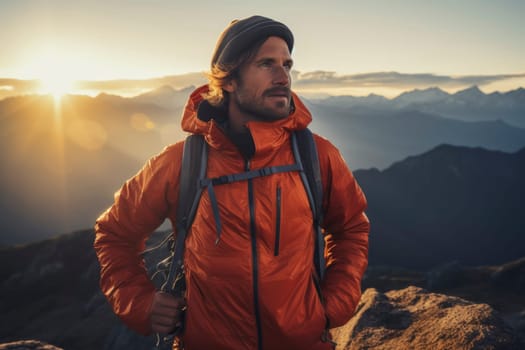 Man in orange jacket enjoying sunrise in mountains. Outdoor adventure and exploration concept for poster, wallpaper. Portrait with scenic nature backdrop and place for text