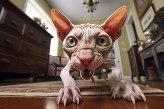Sphynx cat in a wide-angle close-up view on a carpet. Home pet portrait concept with detailed texture. Design for veterinary services, pet care guides