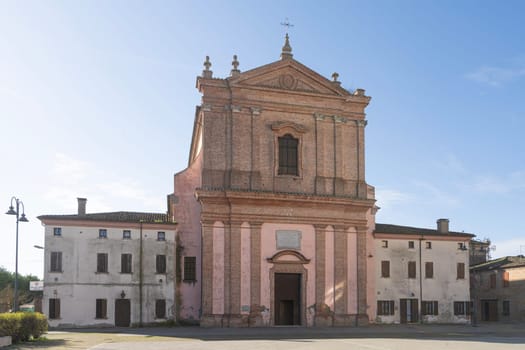 Mesola Italy. February 25, 2024.  The facade of  the Nativity of Mary church  in the town center