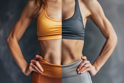 Close-up of a fit female torso with two sports bras contrasting colors. Fitness and body care concept with copy space for design and print