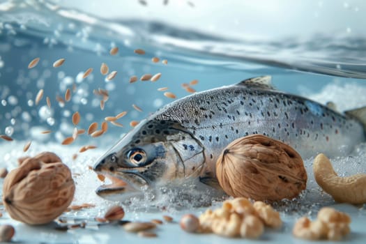 Salmon fish swimming in water with floating grains and nuts, representing omega-3 and brain nutrition concept with dynamic underwater view and copy space