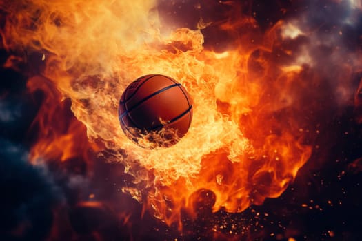 Basketball engulfed in flames on a dark background. Dynamic sports concept for design and poster. High-speed photography with motion blur