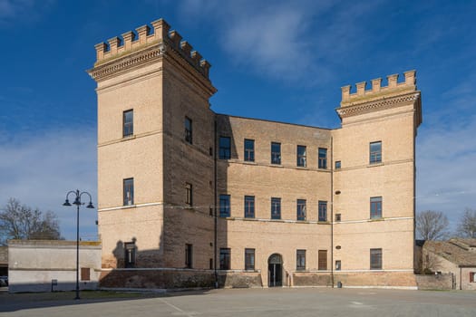Mesola, Italy. February 25, 2024.  Exterior view of the ancient Mesola Castle in the town center