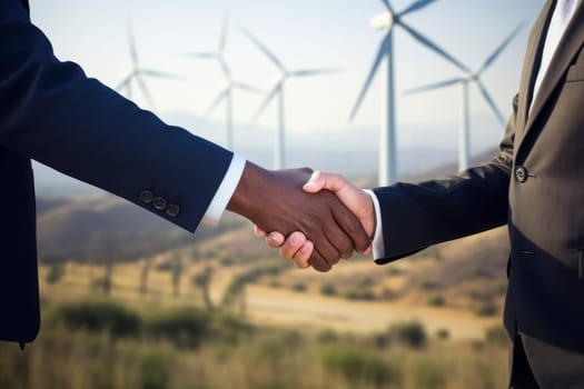 Business handshake in front of wind turbines. Sustainable energy and corporate agreement concept for eco-friendly business design and print