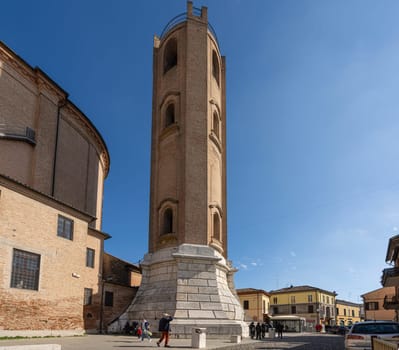 Comacchio, Italy. February 25, 2024. the bell tower  of the Concathedral Basilica of San Cassiano Martire in the city center