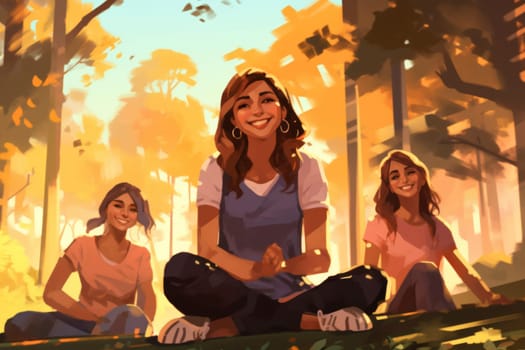 Three smiling young women sitting in a park, basking in the warm glow of the golden hour.