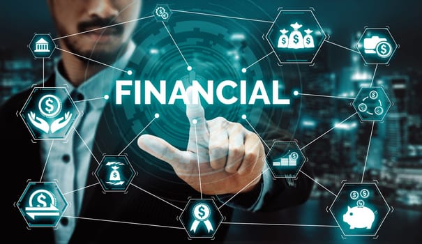 Finance and Money Transaction Technology Concept. Icon Graphic interface showing fintech trade exchange, profit statistics analysis and market analyst service in modern computer application. uds