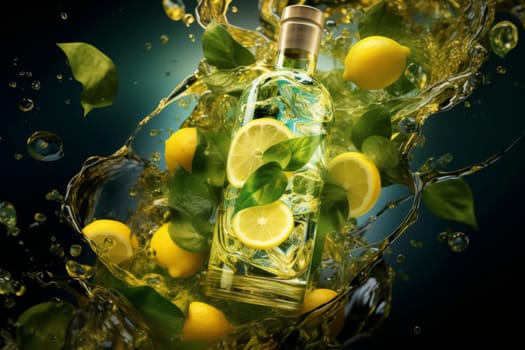 Bottle of lemonade with splashing water and lemons on a blue background. Refreshment and summer drinks concept. Dynamic liquid photography