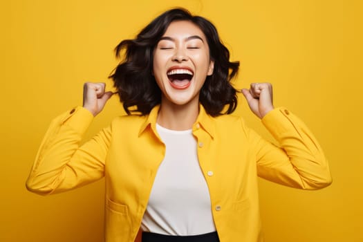 Excited woman celebrating success in yellow jacket on yellow background. Studio portrait with positive emotion concept for design and advertisement