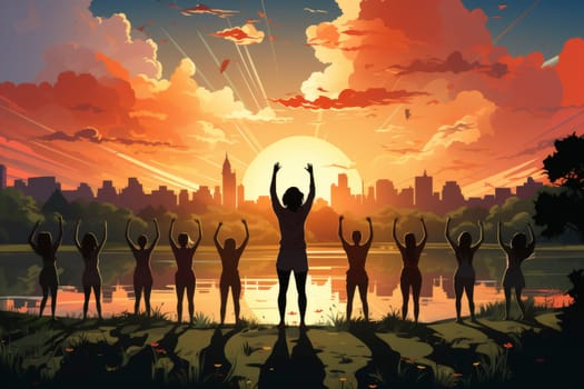 Silhouetted figures celebrating at sunset with city skyline. Digital illustration of friendship and freedom concept for poster and social media design