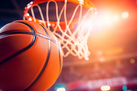 Close-up of a basketball going into the hoop during a game. Sports and competition concept. Design for poster, banner, advertisement