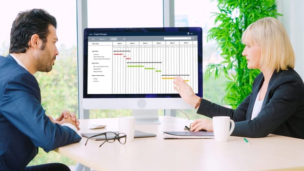 Project planning software for modish business project management on the computer screen showing timeline chart of the team project