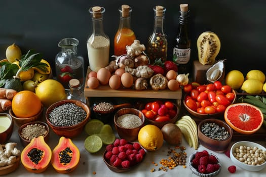 Assorted fresh fruits and vegetables, eggs, grains, and bottled condiments on wooden shelves. Studio photography with natural ingredients. Healthy eating and cooking concept. Design for cookbook, nutrition guide, poster