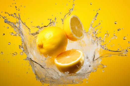 Lemons with water splash on yellow background. High-speed photography. Freshness and healthy eating concept for design and print. Macro shot with copy space