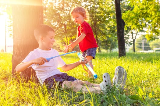 Boy sitting under tree blowing soap bubbles with toddler approaching. Natural light photography with lens flare. Childhood and outdoor activity concept. Design for poster, greeting card