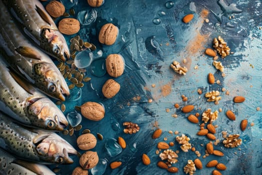 Fresh fish and assorted nuts artfully arranged on a textured blue background, showcasing natural sources of omega-3 fatty acids. The composition highlights the raw ingredients in a culinary context, emphasizing health and nutrition