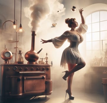 glamourous chef in steampunk kitchen with windiwn natural light cooking posing dancing singing illustration generative ai art