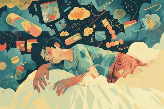 Colorful illustration of boy dreaming with whimsical elements. Creative artwork for children's book illustration, dream imagination concept. Design for educational poster, storybook cover, child psychology material