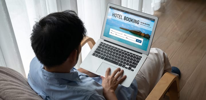 Online hotel accommodation booking website provide modish reservation system . Travel technology concept .