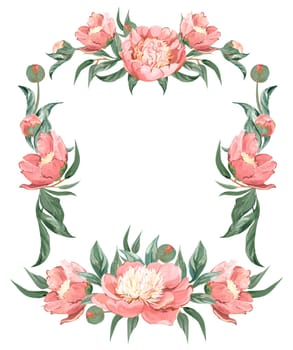 Framework with pink peonies and botanical elements isolated on white background
