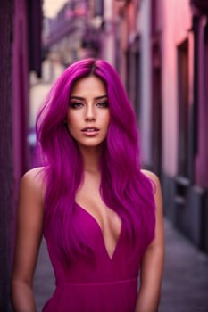 A woman with vibrant purple hair stands confidently on a bustling city street.