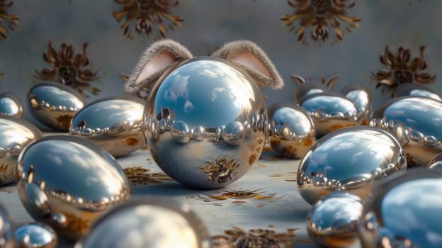 A bunch of shiny silver eggs with a rabbit head on top