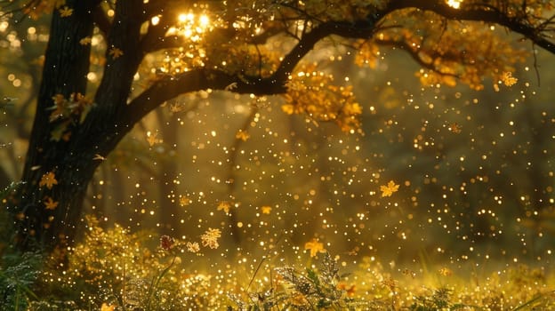 A tree with leaves falling from it and a field of yellow flowers