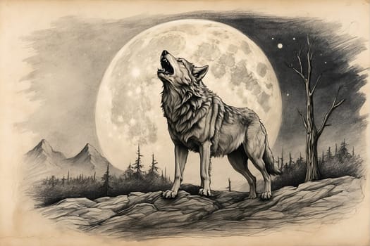 A stunning drawing of a powerful wolf standing beneath a luminous full moon.