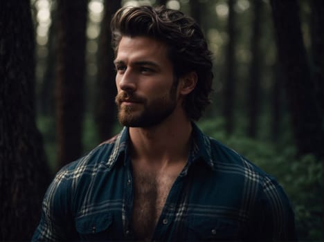 A shirtless lumberjack man confidently walks through a lush green forest with towering trees and dappled sunlight.