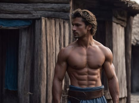 A shirtless man stands in front of a modest shack, surrounded by rustic charm.