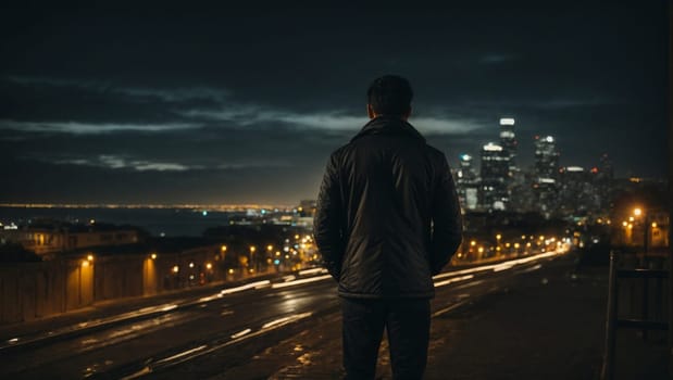 A solitary man stands on the side of a dark road at night, illuminated by the glow of streetlights.