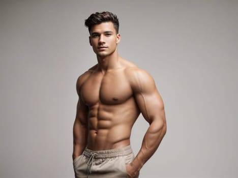 An image of a shirtless man posing confidently for a picture, showcasing his physique and style.