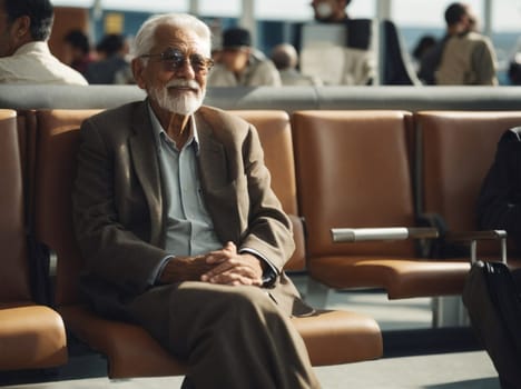 An older man patiently waits for his flight on a bench in the bustling airport.
