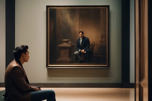An image capturing a man sitting on a bench while admiring a painting.
